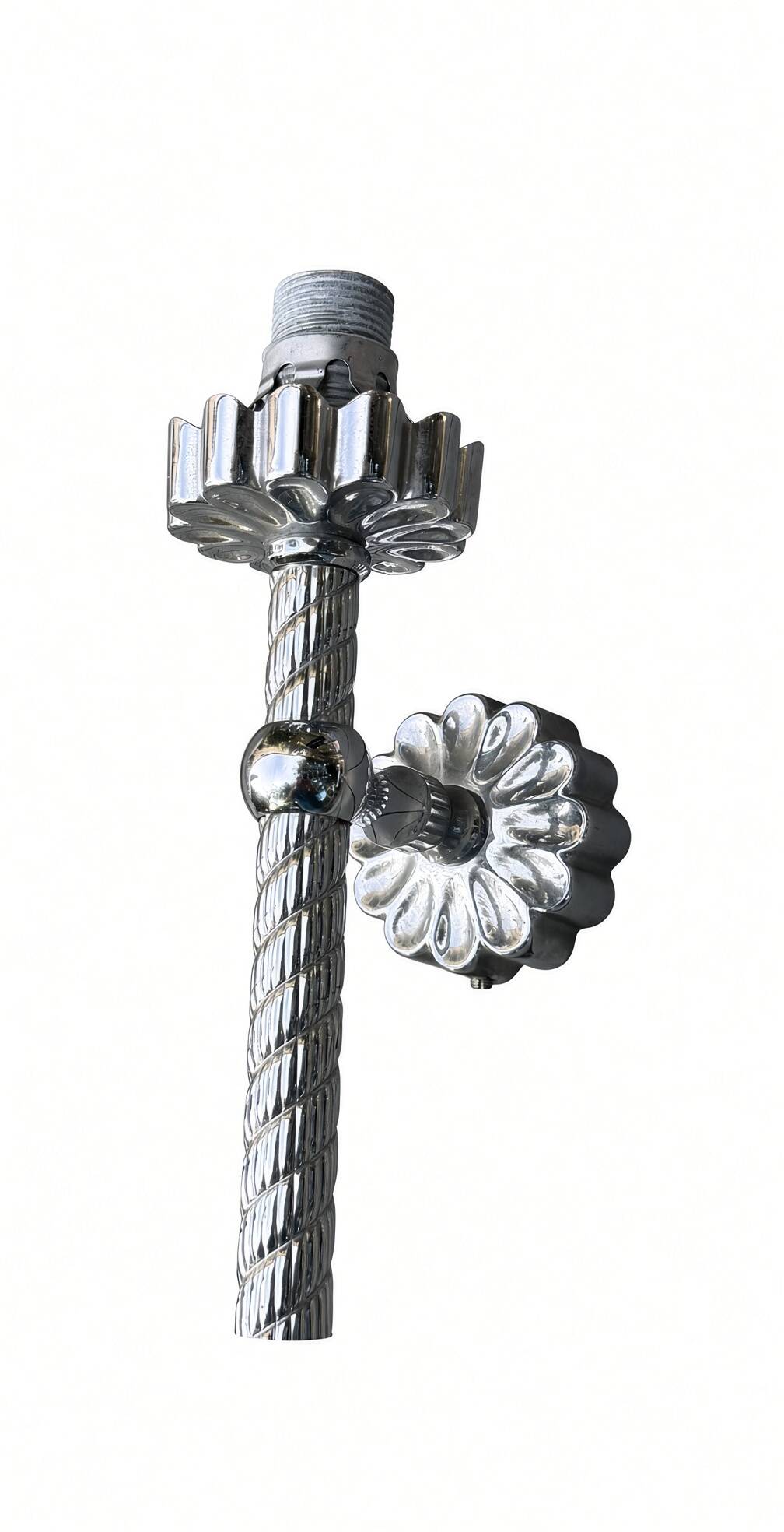 Pair of vintage wall lights; chrome striped glass floral globes; 1960s-70s.