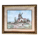 Old painting, mill in the countryside