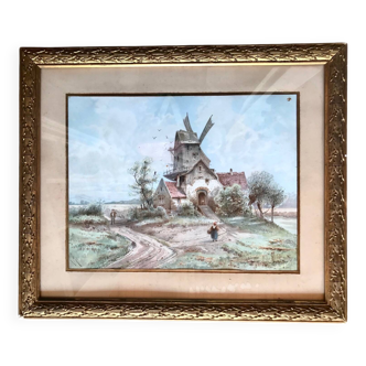 Old painting, mill in the countryside
