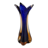 Vase vintage verre soufflé bleu cobalt et ambré style Murano