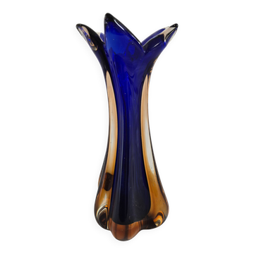 Vase vintage verre soufflé bleu cobalt et ambré style Murano