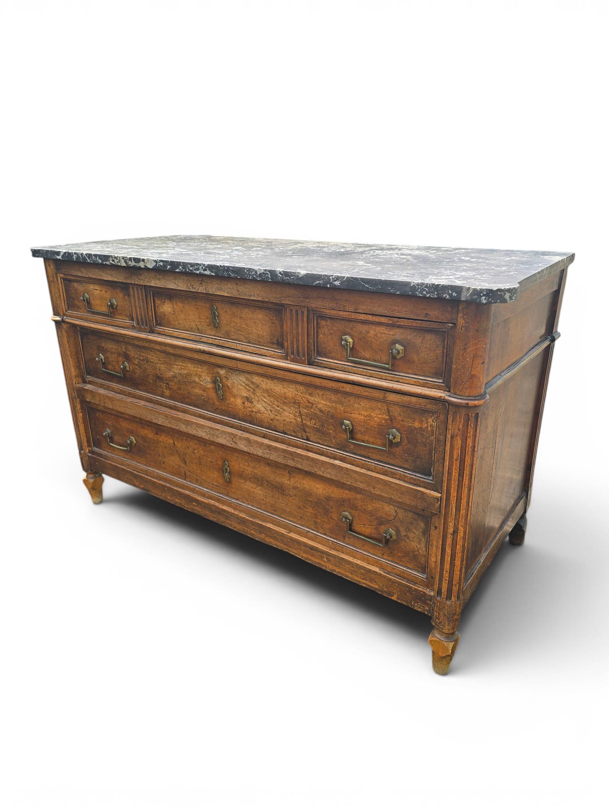 Commode ancienne de style Louis XVI avec plateau en marbre gris