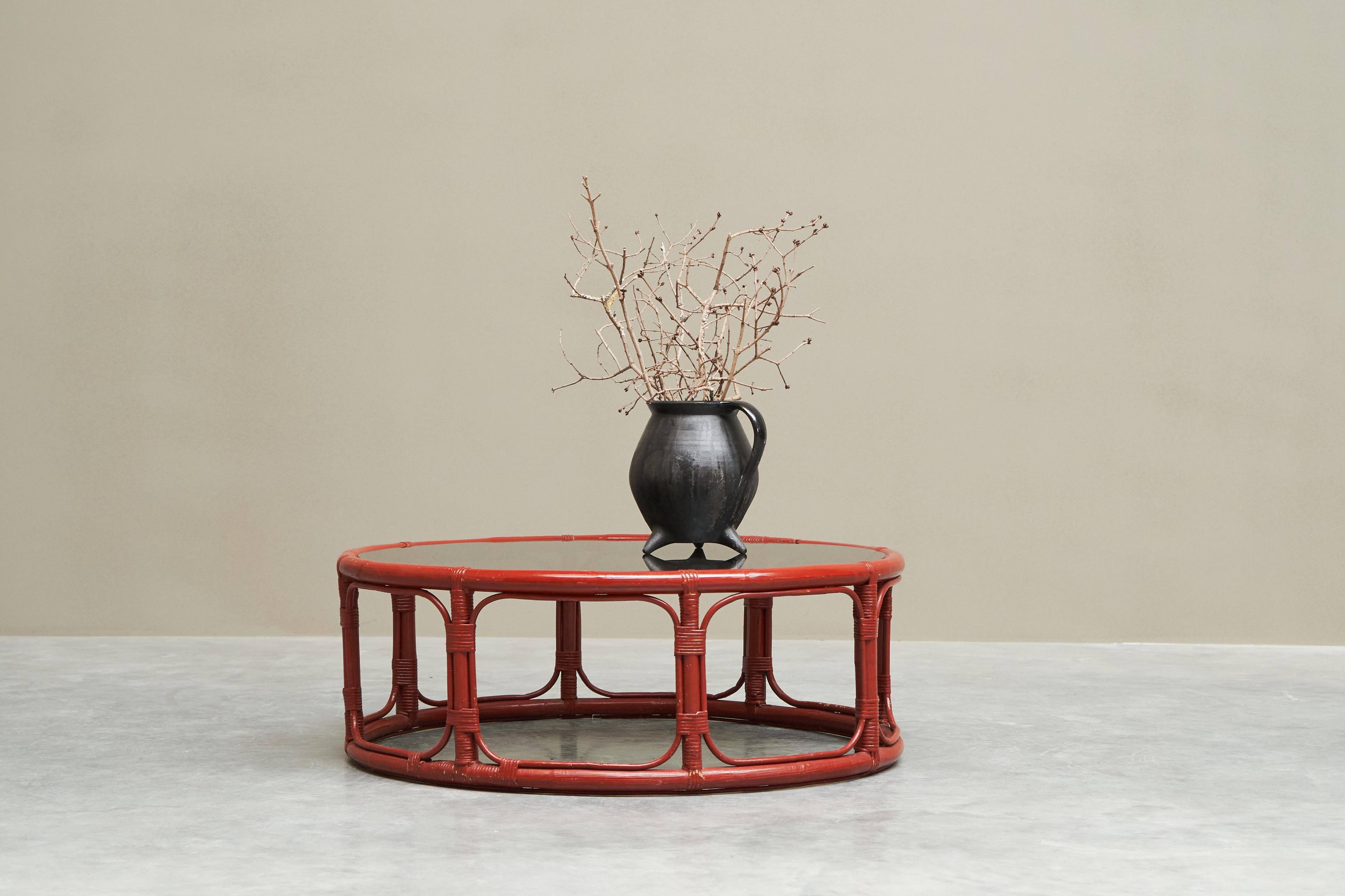 "Blood of Ox" coffee table in lacquered bamboo and glass, 20th century