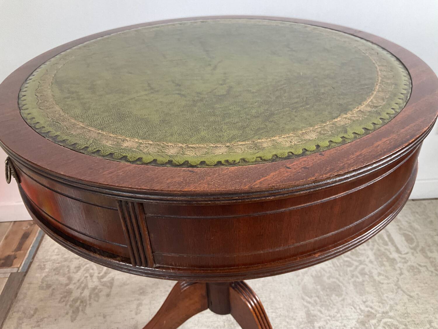 Antique Mahogany and Leather Side Table on Casters