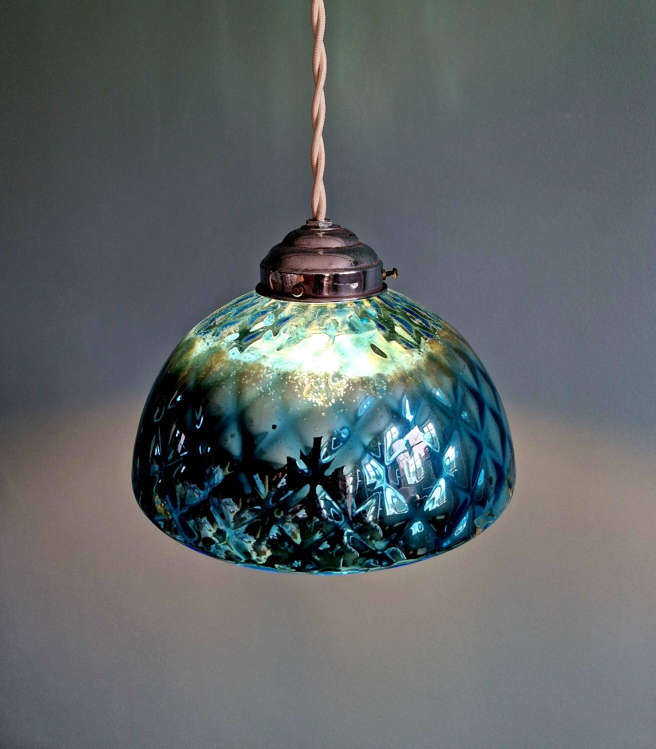 Blue glass églomisé pendant light, 1920s