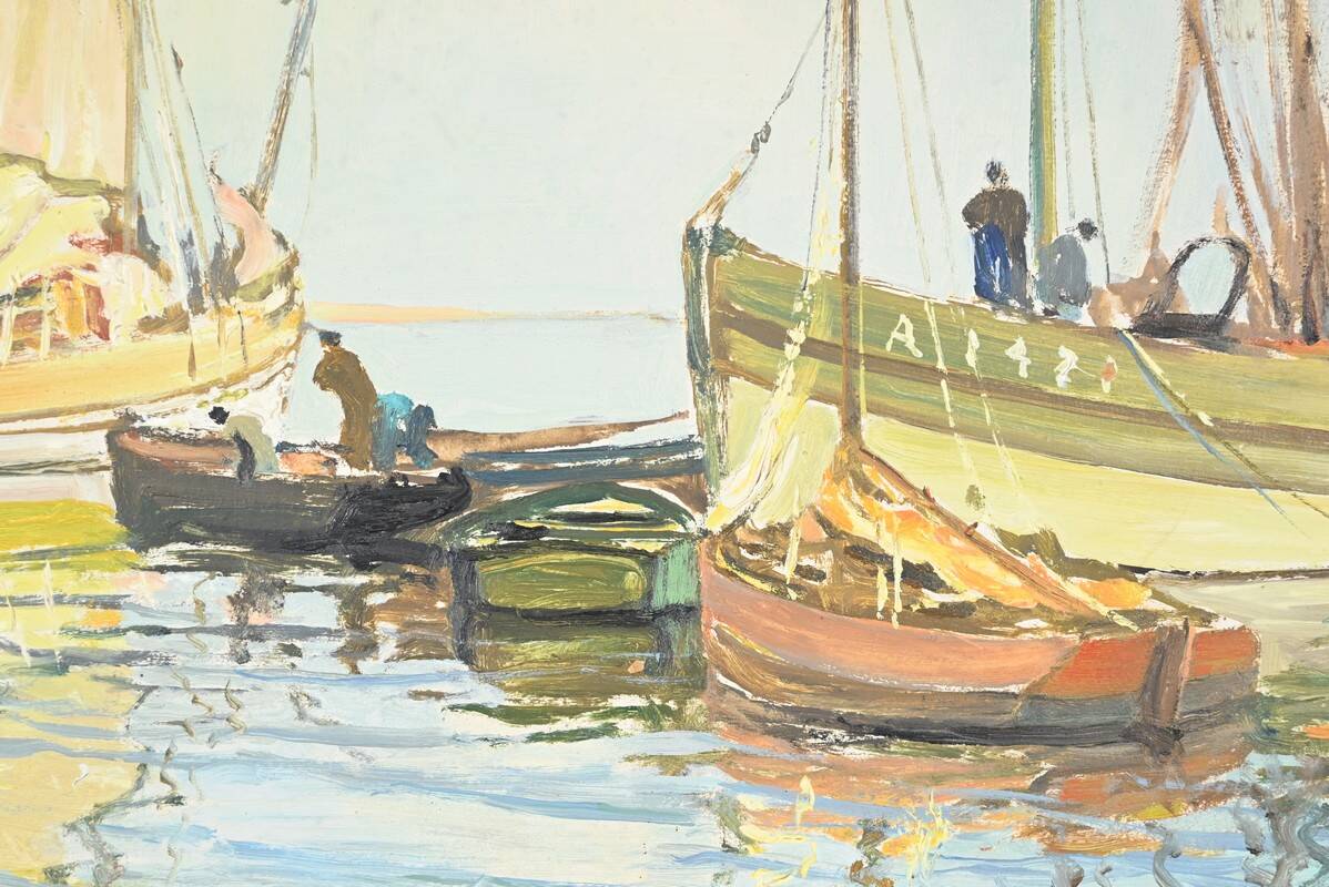 Oil Painting on Hardboard “Trawler and Tuna Boats”, signed G.Lhermitte – Mid 20th century
