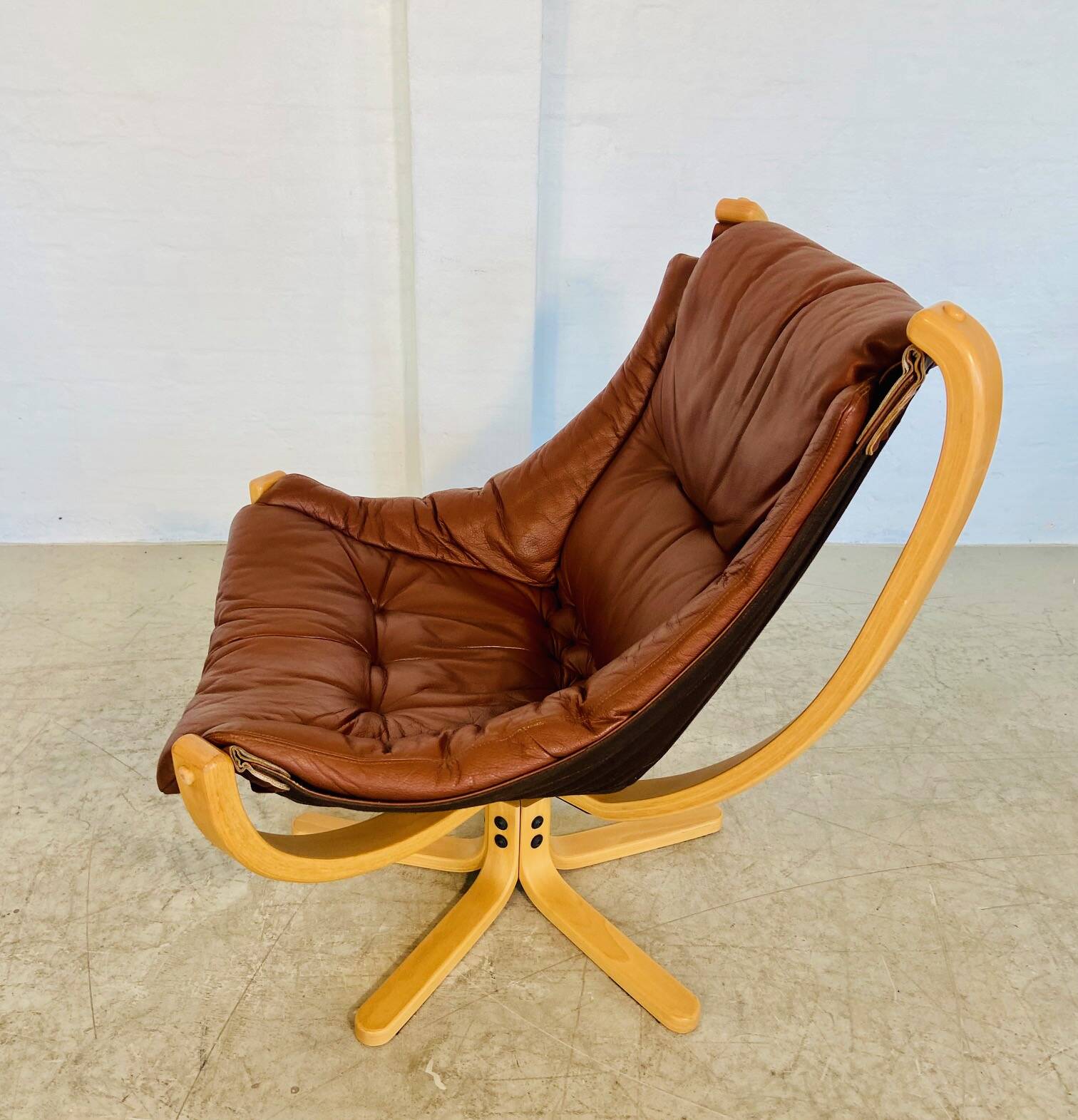 Svend Skippers vintage retro cognac leather swivel chair set 1970s