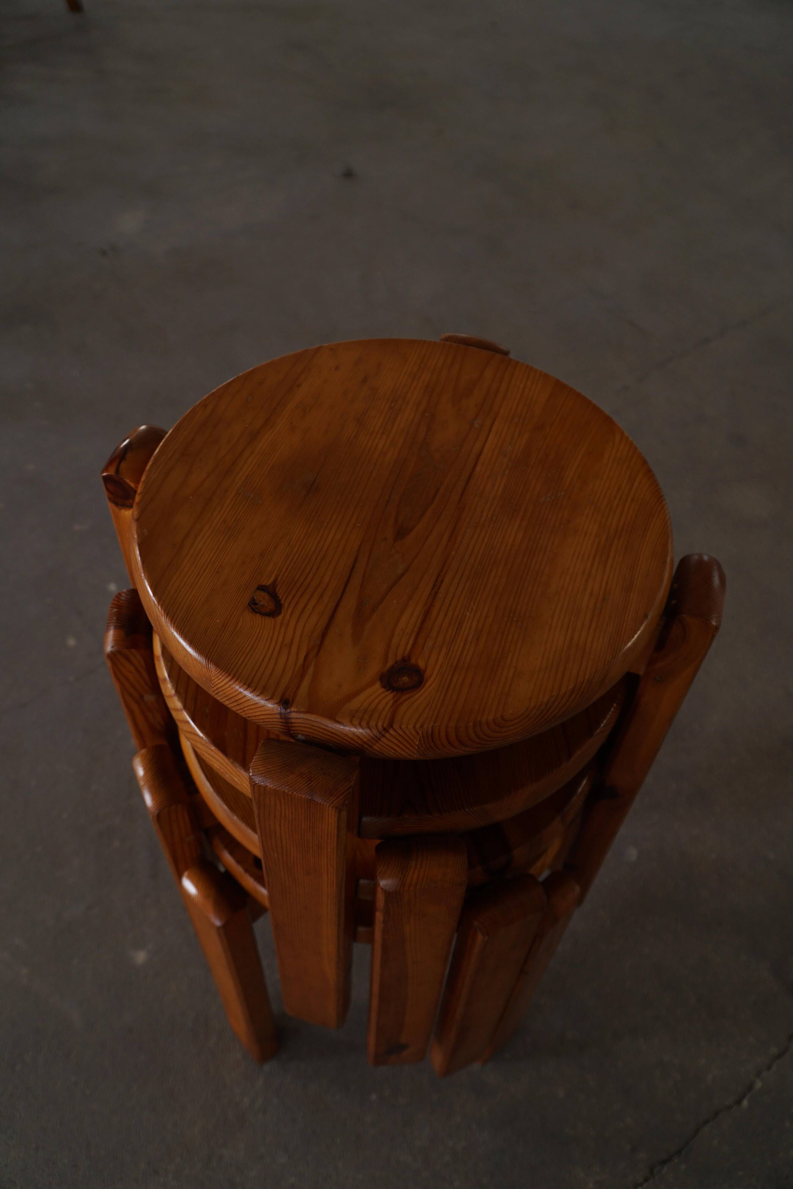 Mid-20th century, set of 4 vintage stackable pine stools, Danish design.