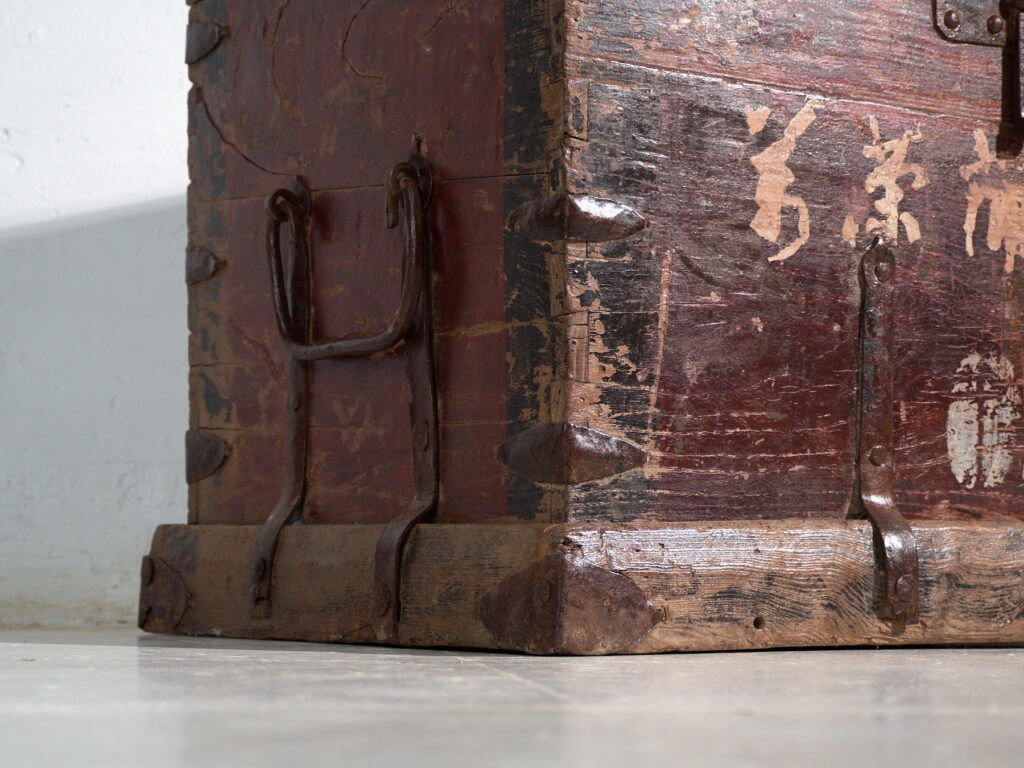 Antique iron-reinforced pine wood chest – China, circa 1900