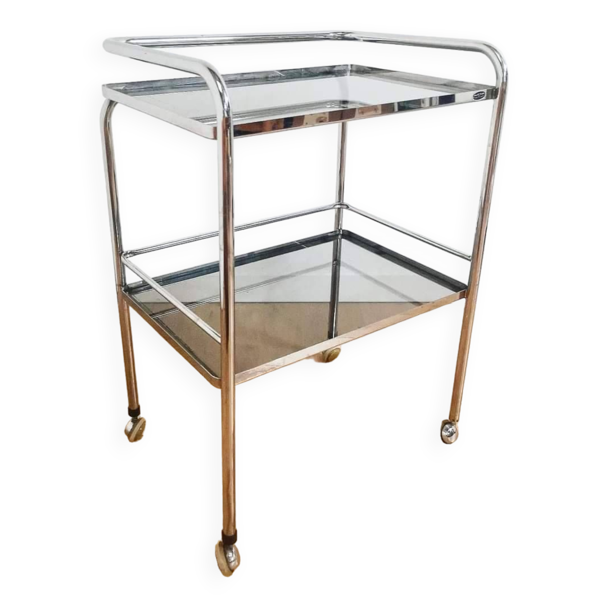 70s serving tray in aluminum and smoked glasses