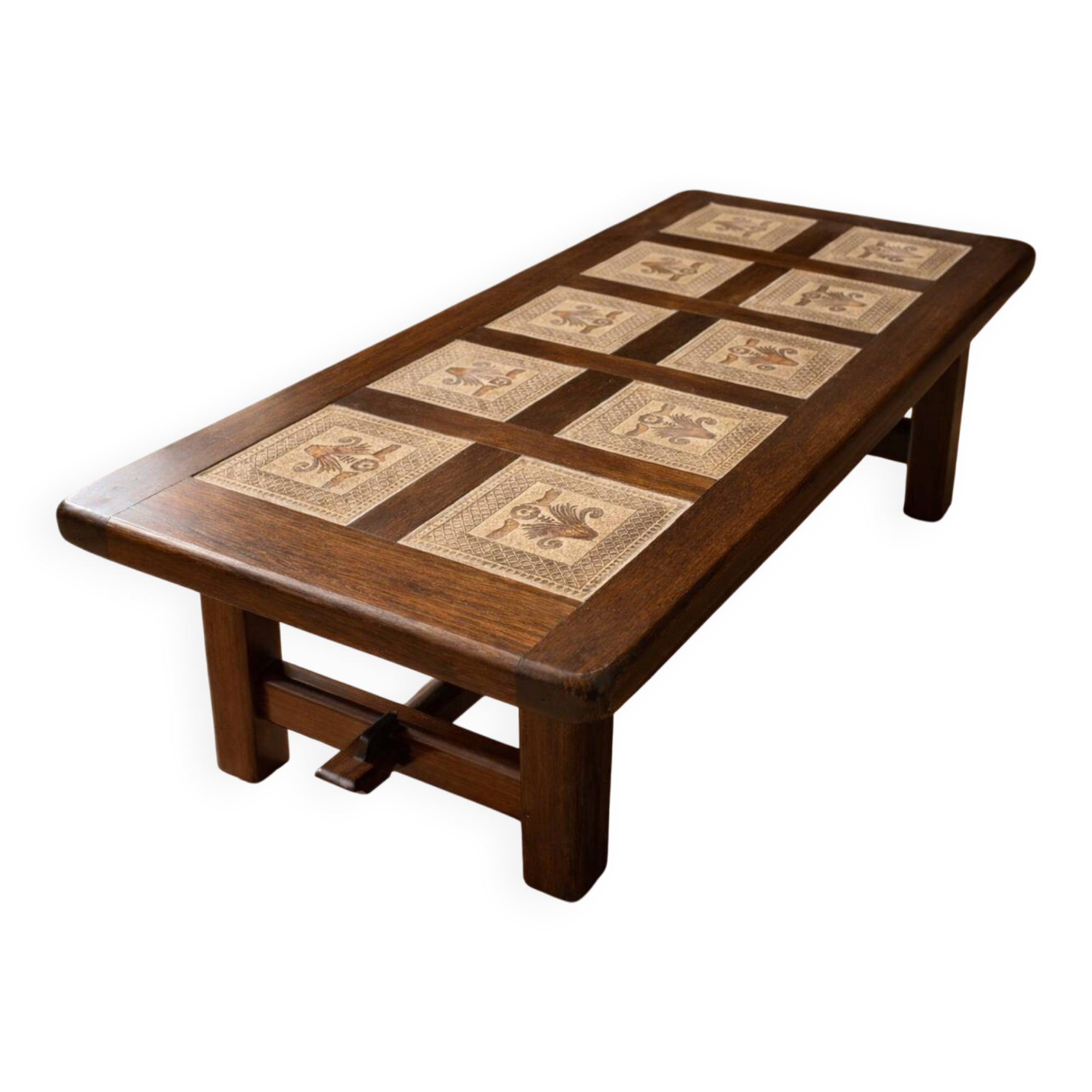 Vintage 60s coffee table with tile decoration of birds and flowers.