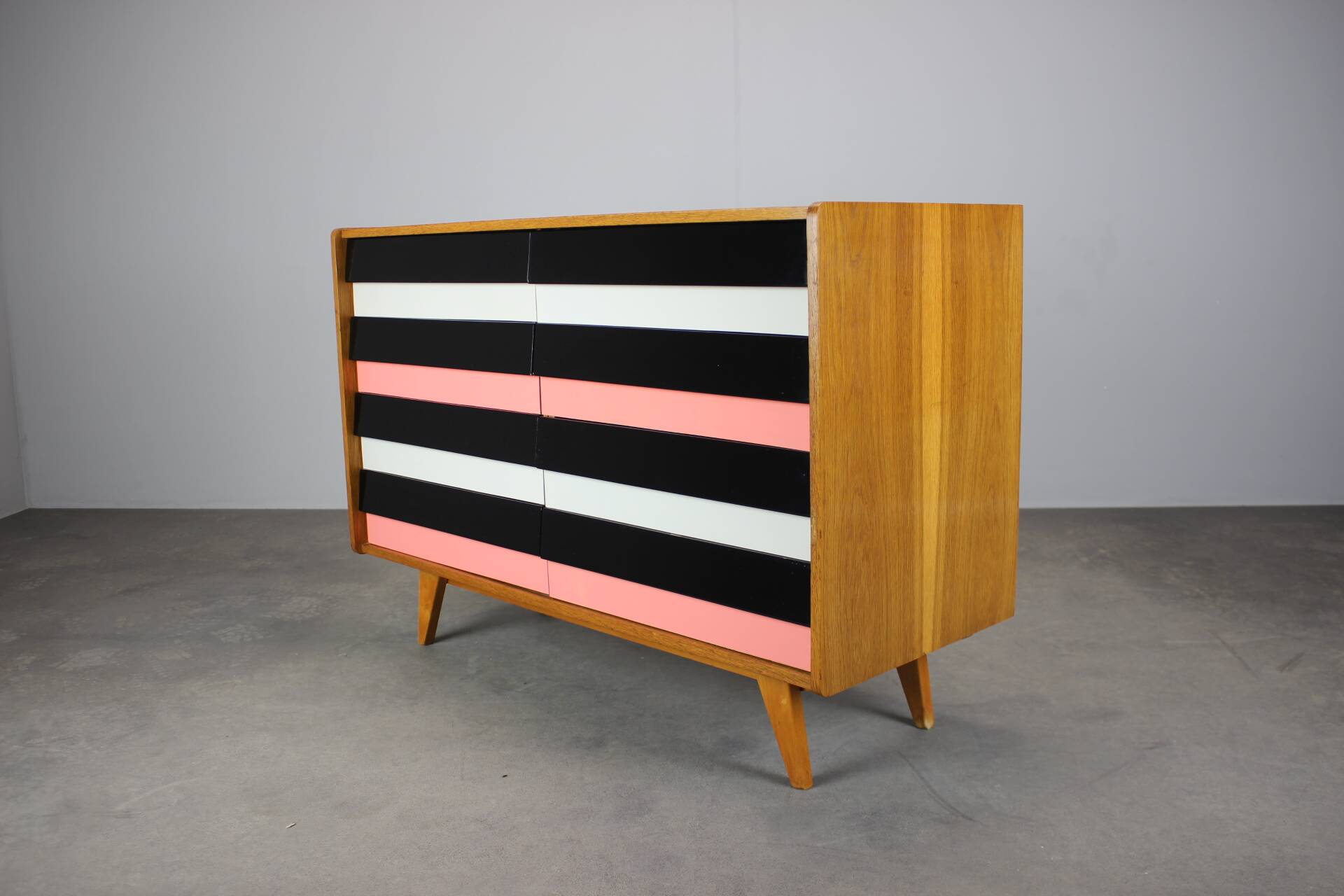 Restored 1960 chest of drawers by Jiroutek in oak with color-block drawers