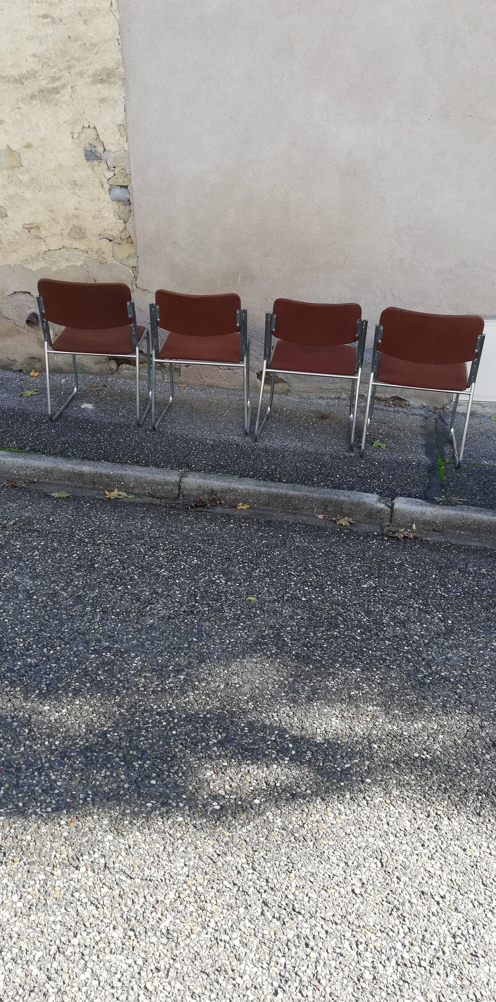 Set de 4 chaises vintage chrome et tissu marron