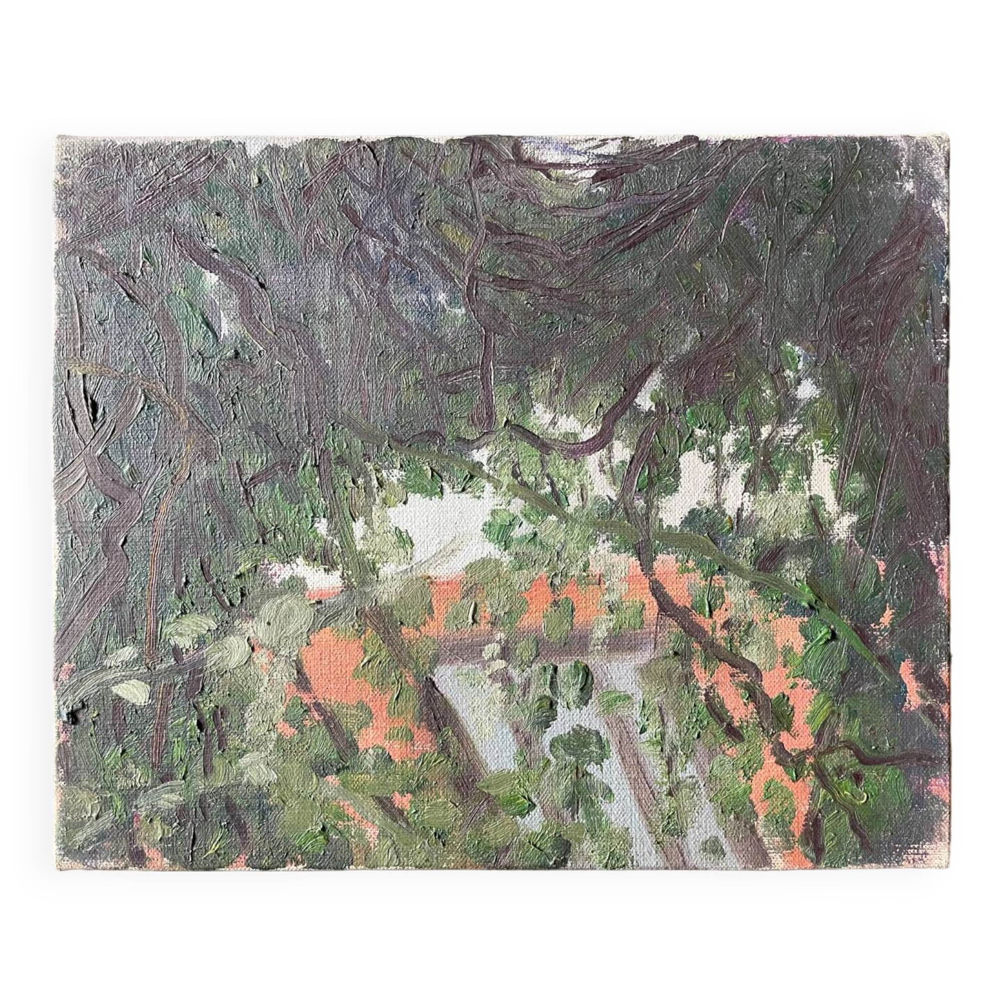 Art brut painting view of a garden 70s vintage