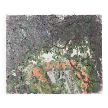 Art brut painting view of a garden 70s vintage
