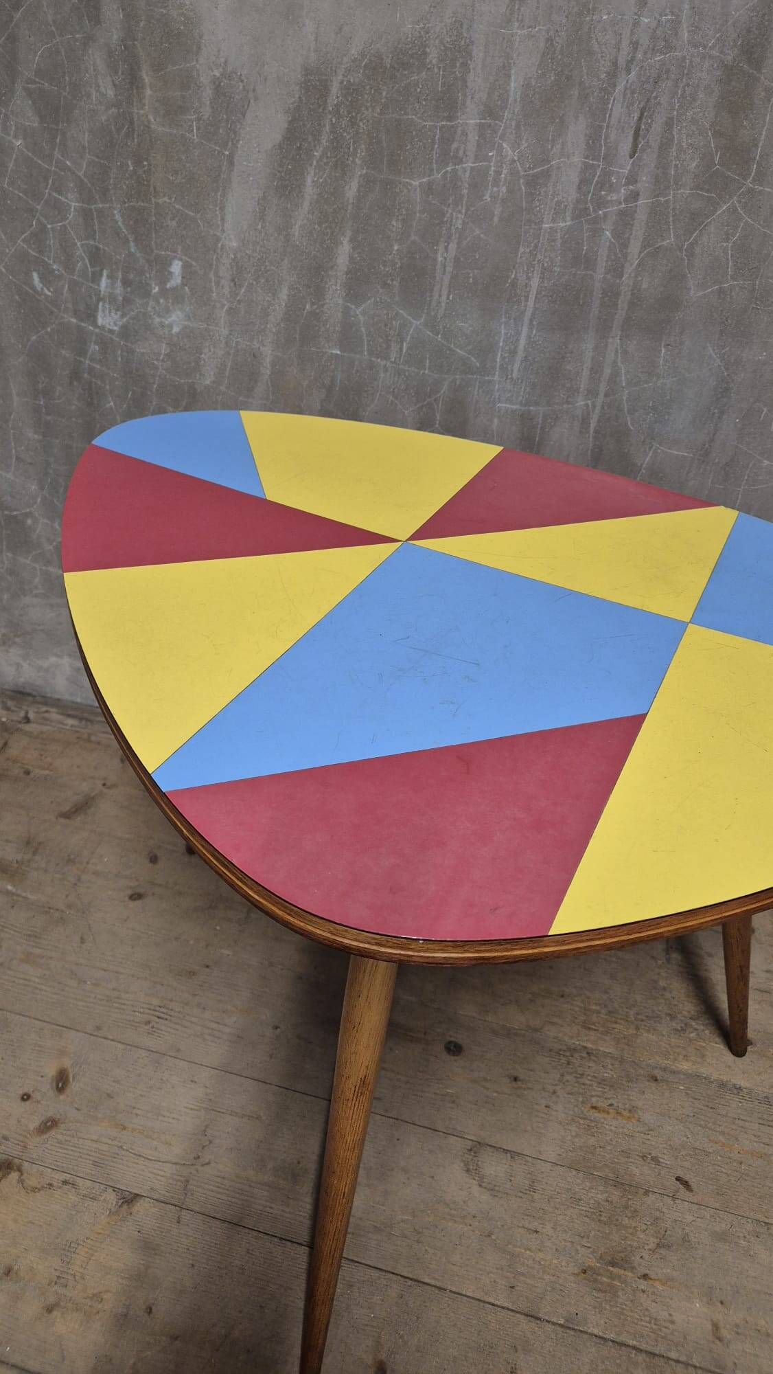 Czechoslovak table in Brussels style, made of oak and colourful umakart, 1950s.