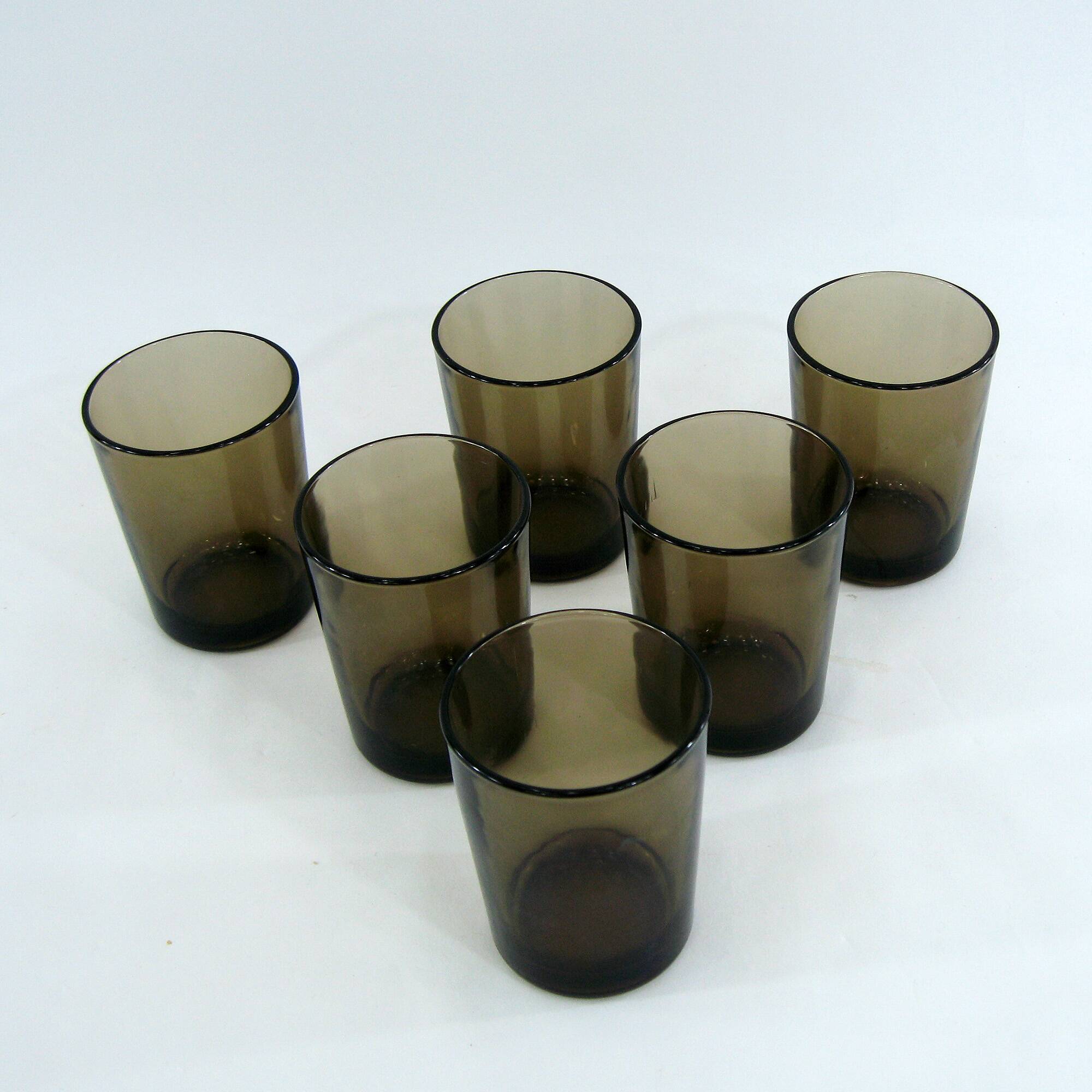 6 smoked brown tempered glass cups - Vereco France - vintage 70s