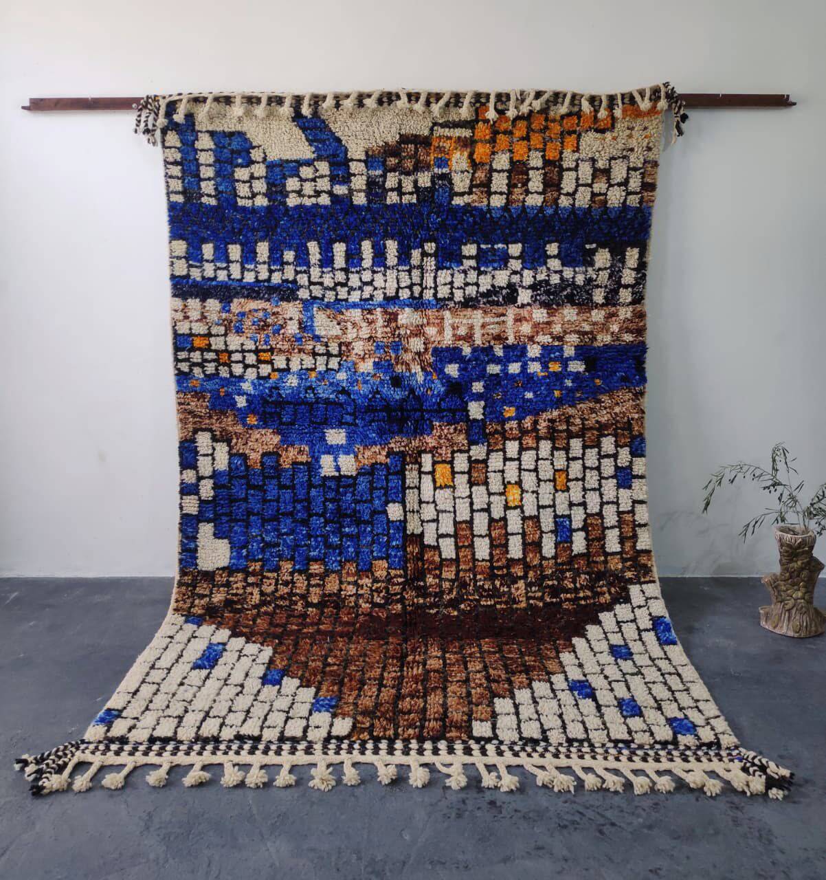 Beni Ouarain “Mosaic” Rug, Deep Blue and Earth, Artist's Piece 3x2M