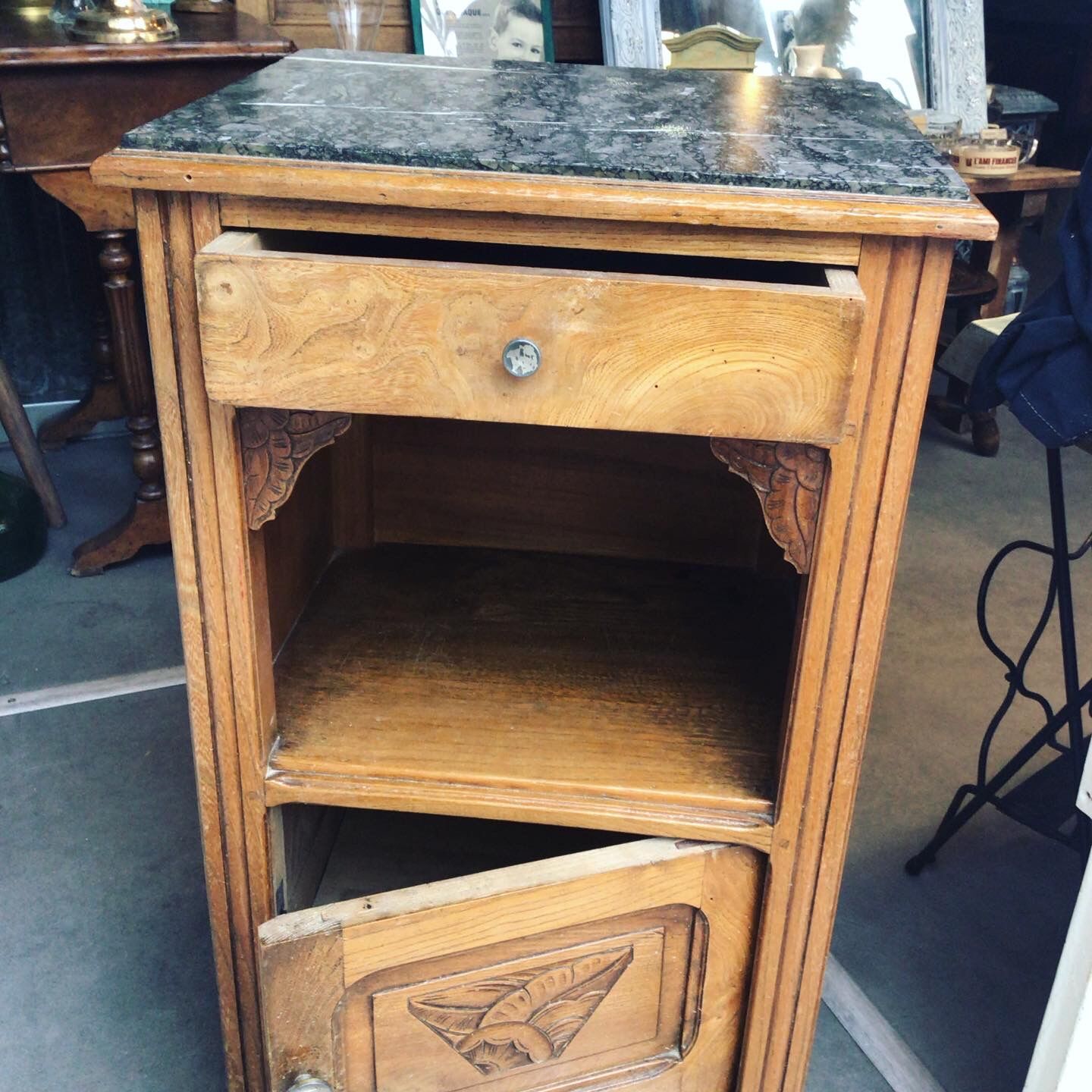 Solid wooden bedside with floral decoration