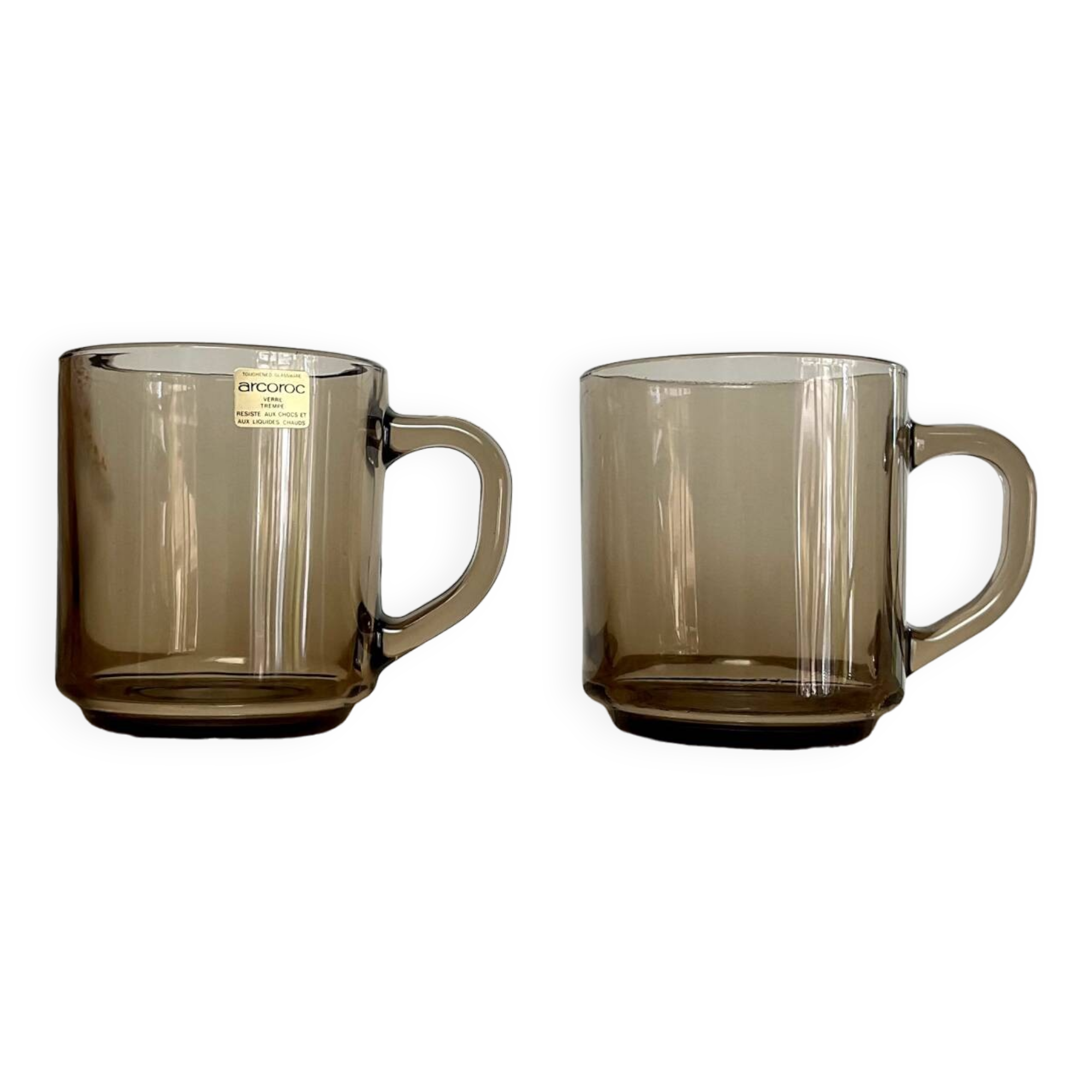 2 Arcoroc France smoked glass mugs