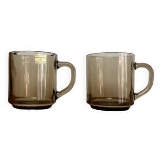 2 Arcoroc France smoked glass mugs