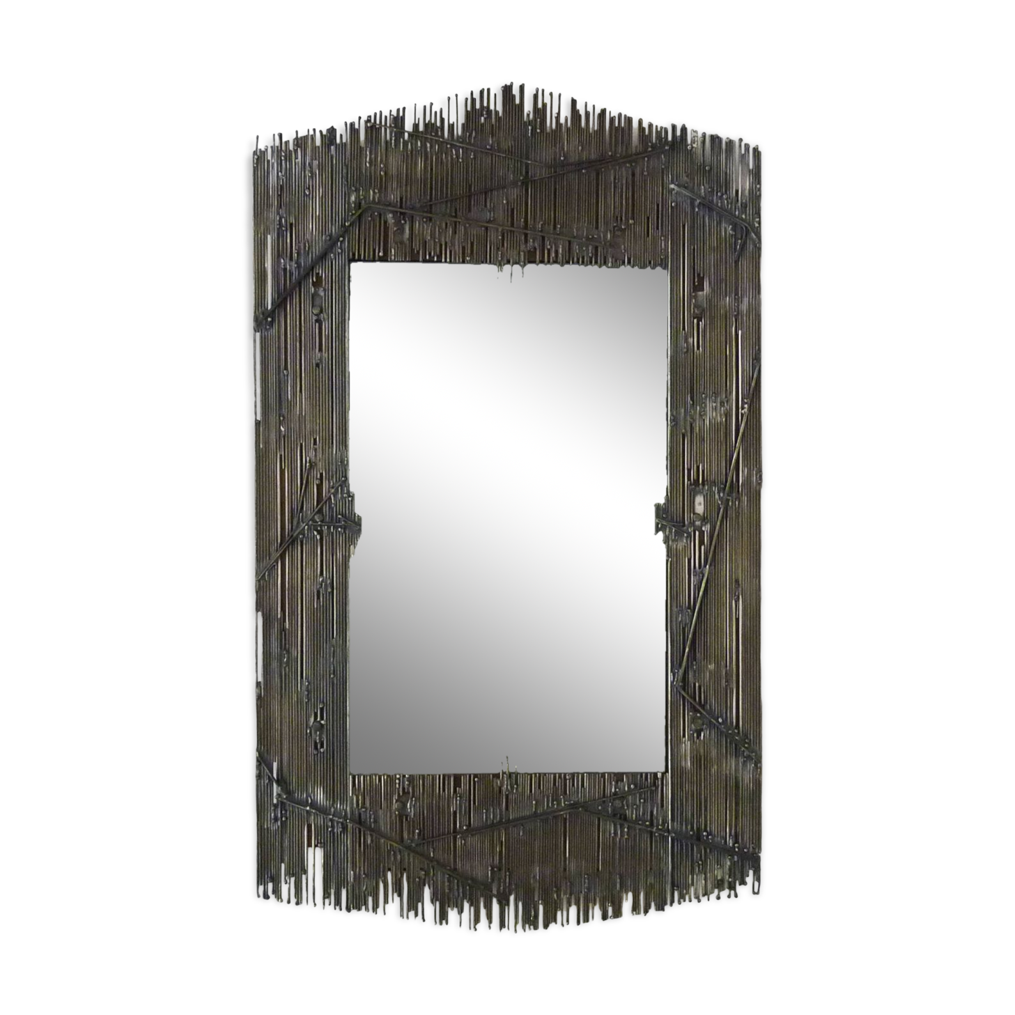 Grand miroir rectangulaire style brutaliste métal sur bois signé ELY, Ely Creazioni. Années 70