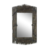 Large rectangular brutalist style metal on wood mirror signed ELY, Ely Creazioni. 70s