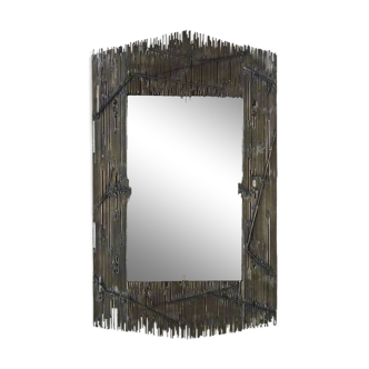 Grand miroir rectangulaire style brutaliste métal sur bois signé ELY, Ely Creazioni. Années 70