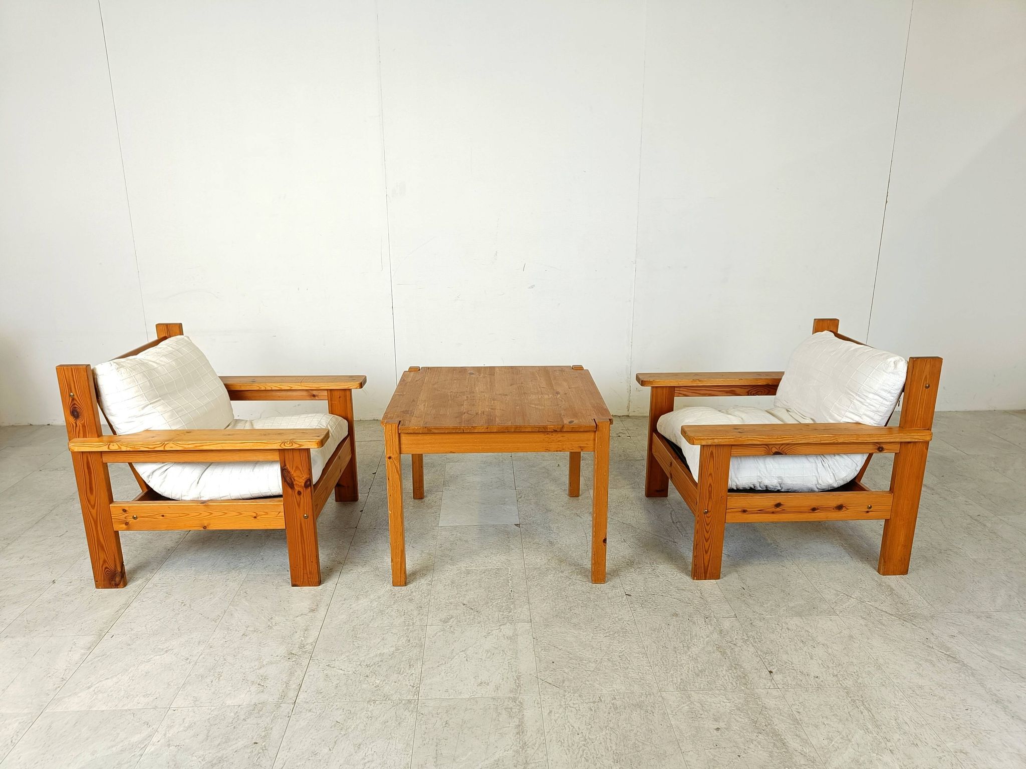 Vintage pine wood armchair set, 1980s