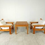 Vintage pine wood armchair set, 1980s