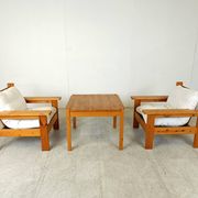 Vintage pine wood armchair set, 1980s