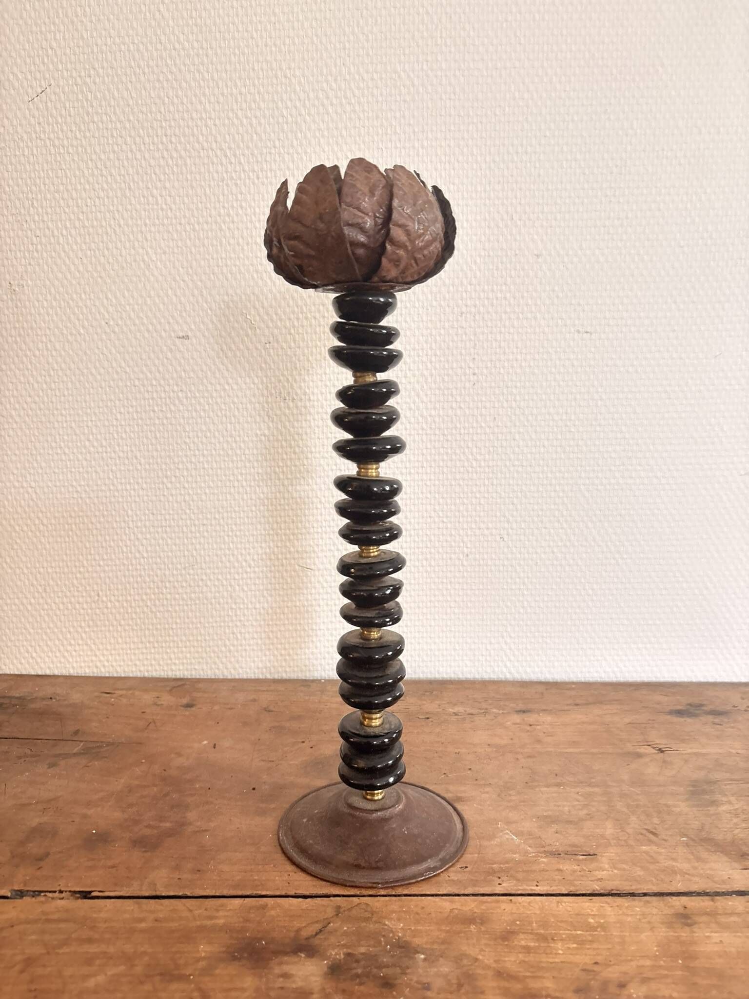 Lotus Pearl Candle Holder Vintage Brutalist Ethnic Metal
