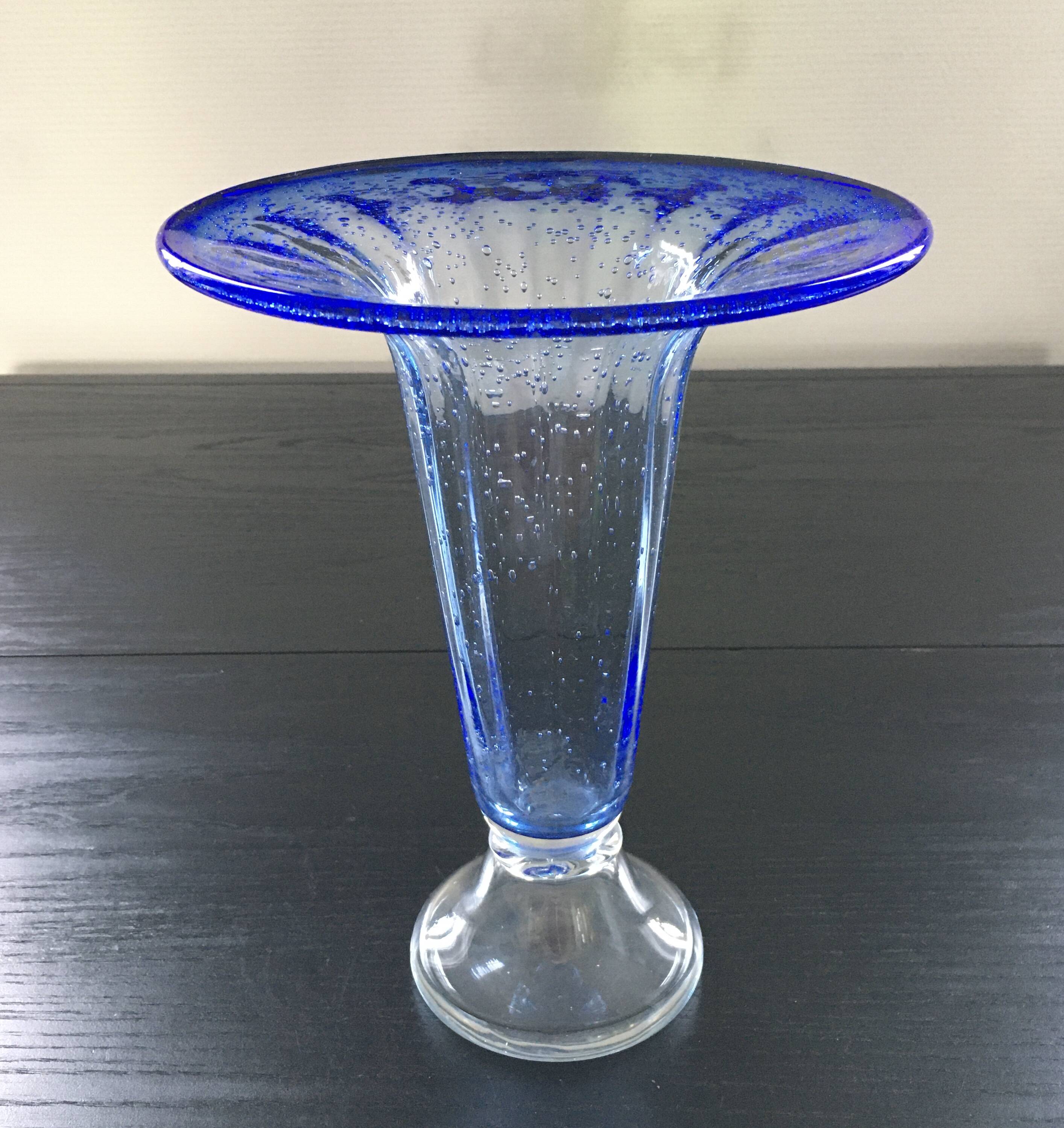 Large blue bubble glass vase