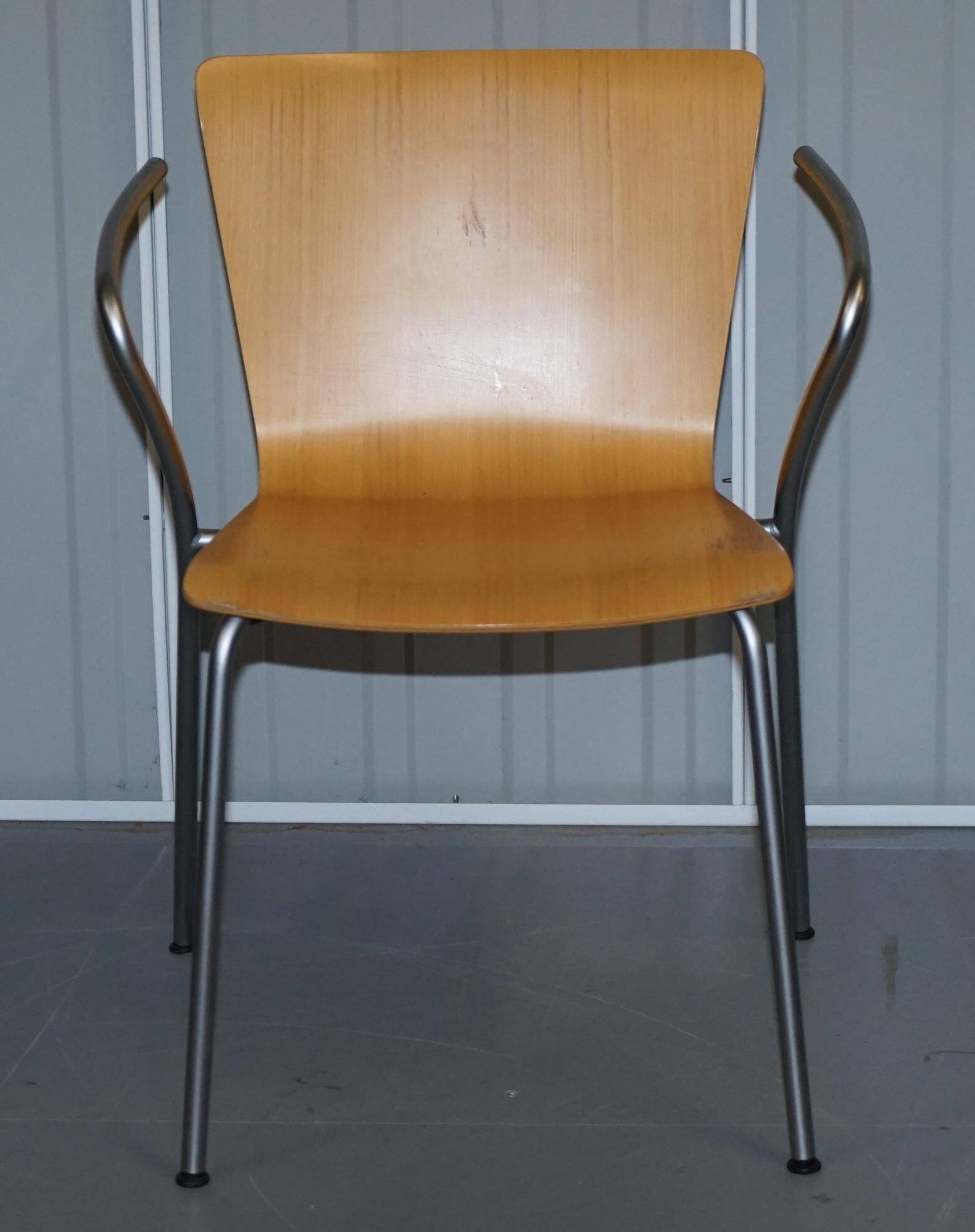 Six vintage stackable armchairs by Fritz Hansen, Vico Magistretti, in bent wood.