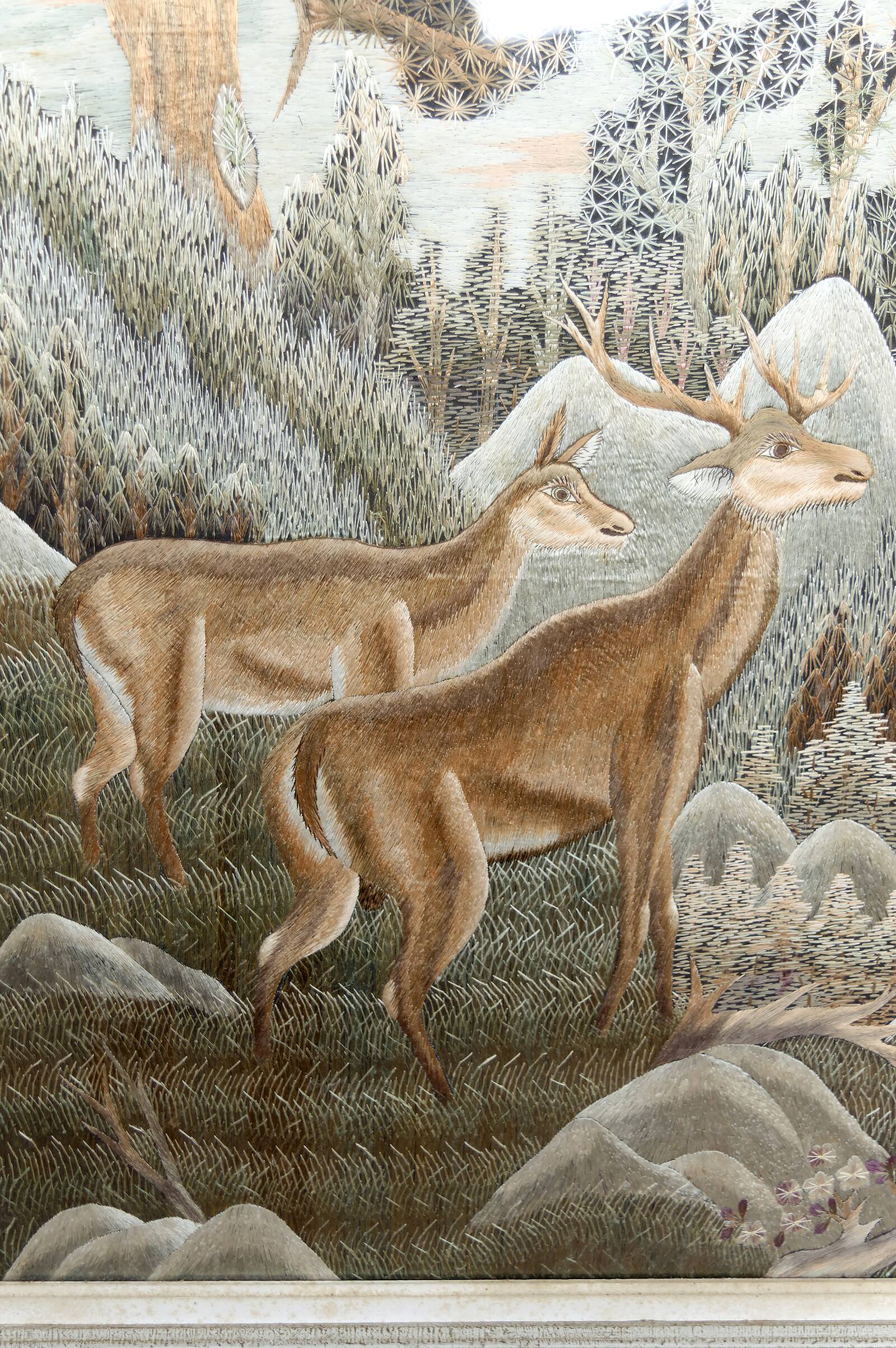 Important Indochinese silk embroidered hanging, Deer in the forest, circa 1940