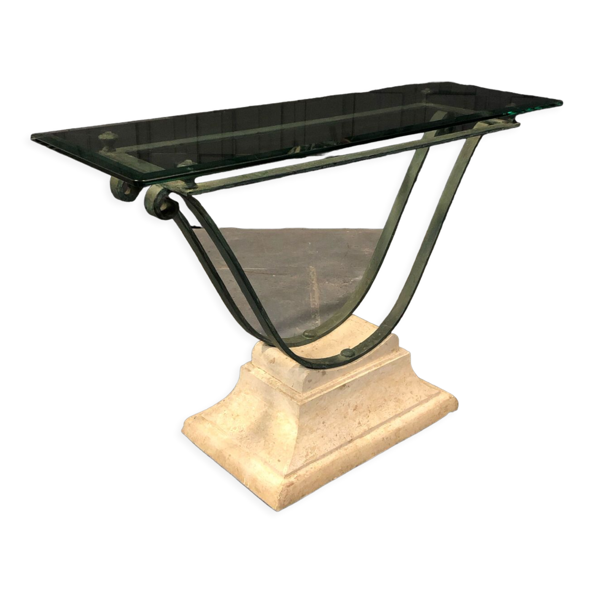 Iron and glass console, antique patina