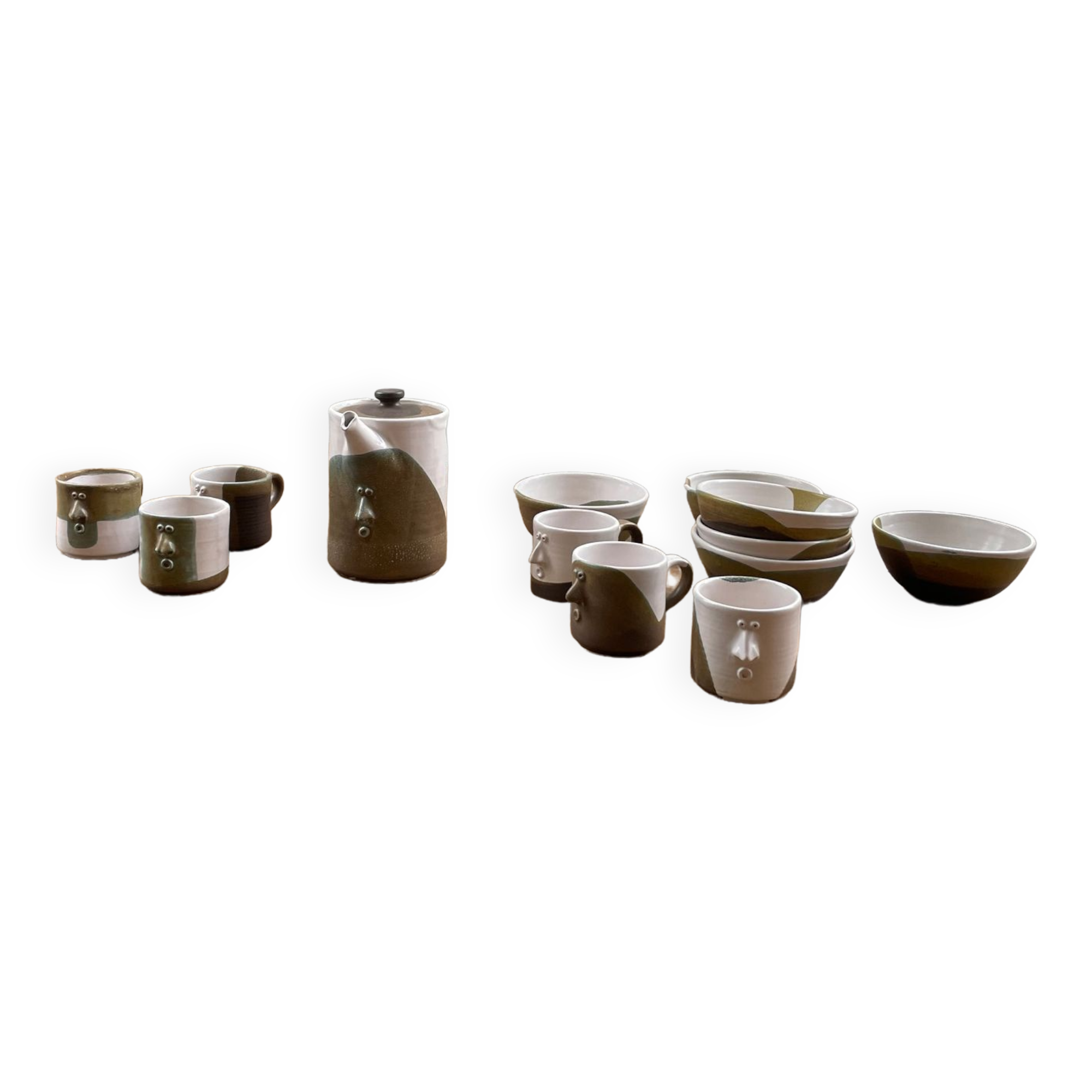 Anthropomorphic ceramic teapot, cups and bowl set