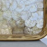 Old tray in woven rattan and mother-of-pearl, 1980s, vintage