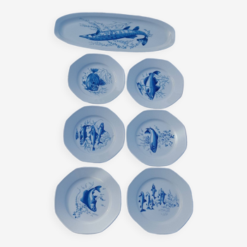 Flat fish service + 6 Sologne porcelain fish plates