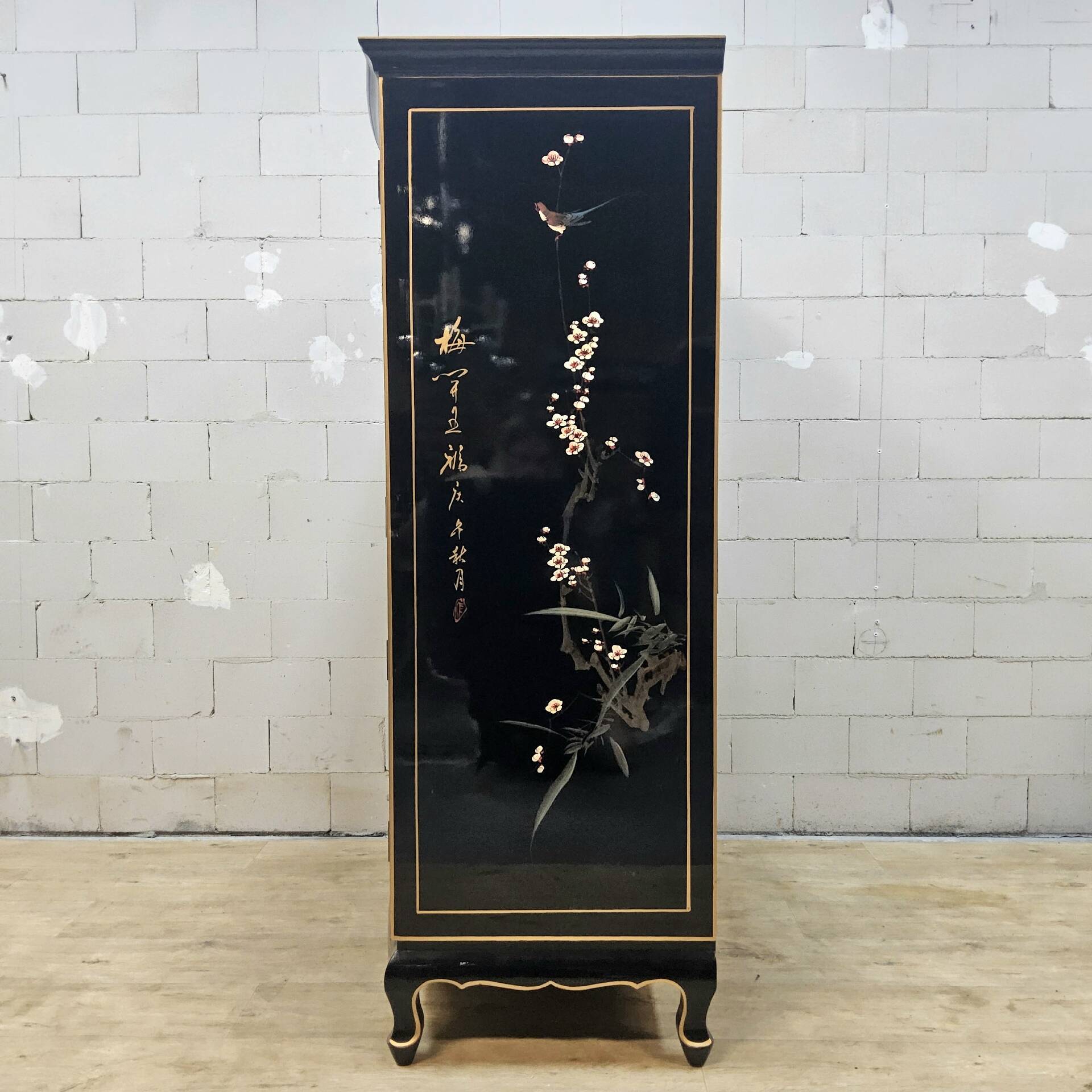 Vintage Chinese lacquer cabinet with black flowers and birds / bohemian