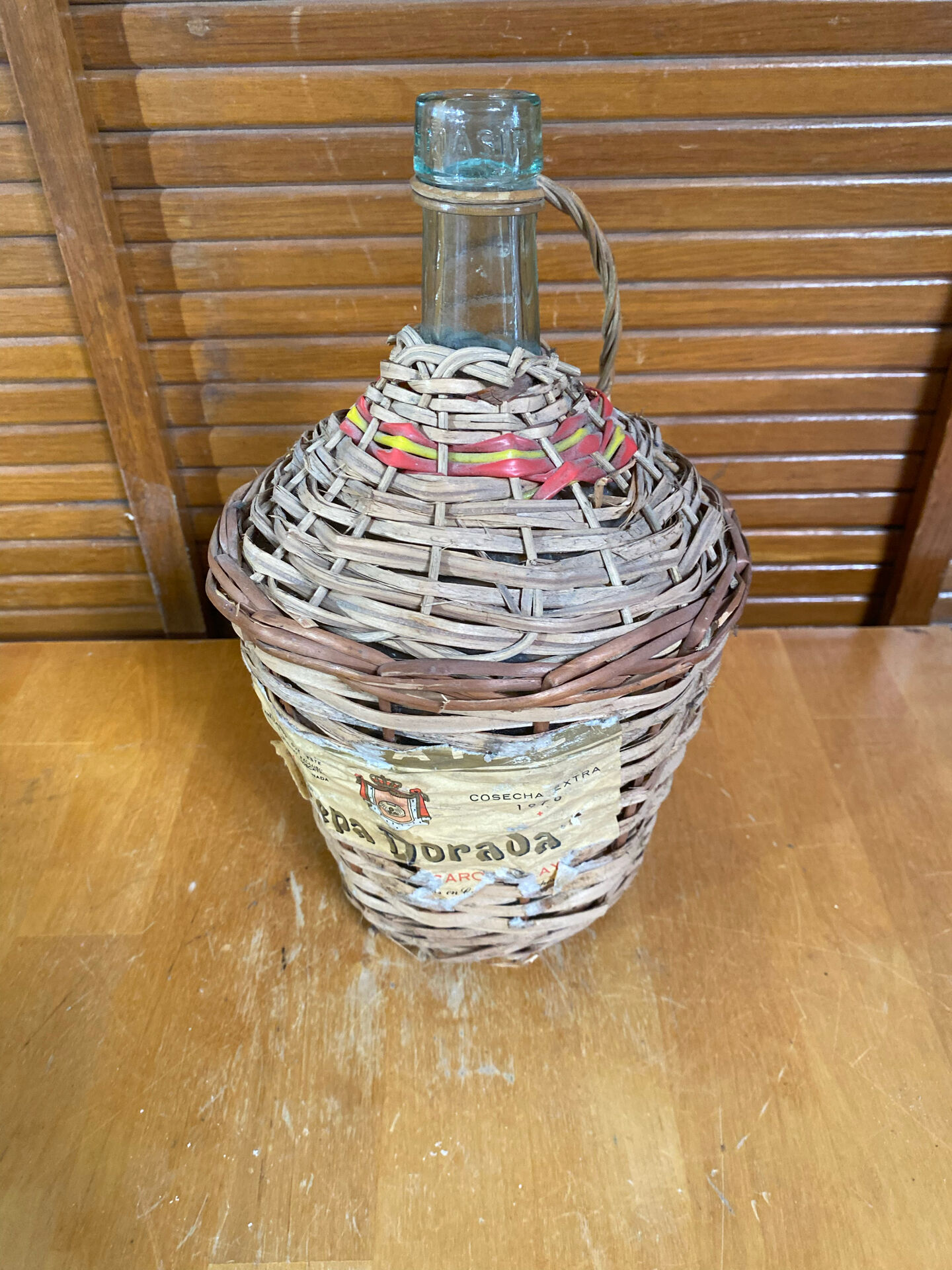 Old Dame Jeanne Bottle Glass + Woven Rattan Vintage #E527