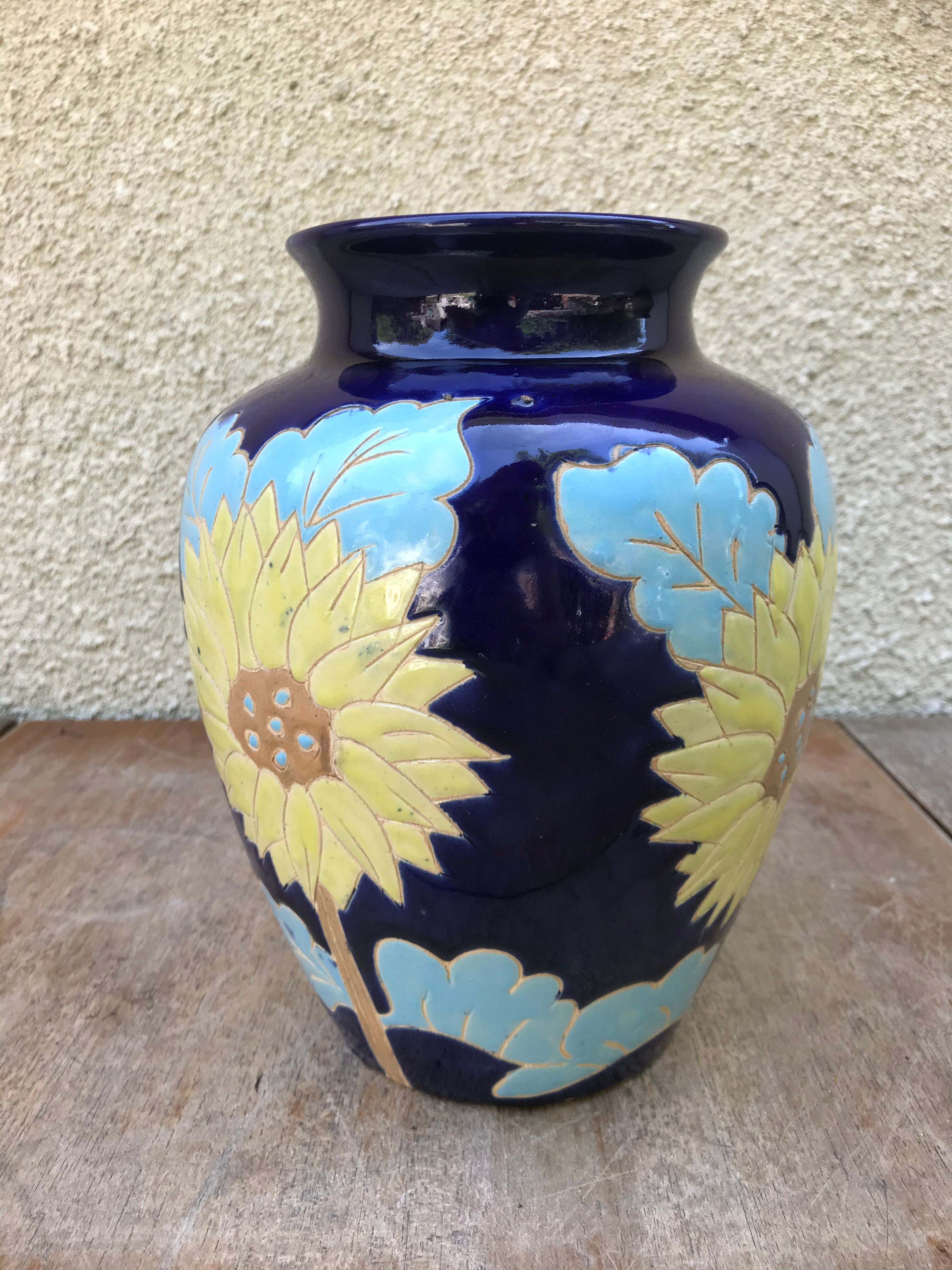Ancient Blue Enamelled Ceramic Vase Decor Yellow Flowers 60s Vintage