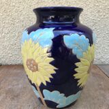 Vase céramique émaillée bleue décor fleurs jaune années 60 vintage