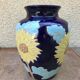 Ancient Blue Enamelled Ceramic Vase Decor Yellow Flowers 60s Vintage