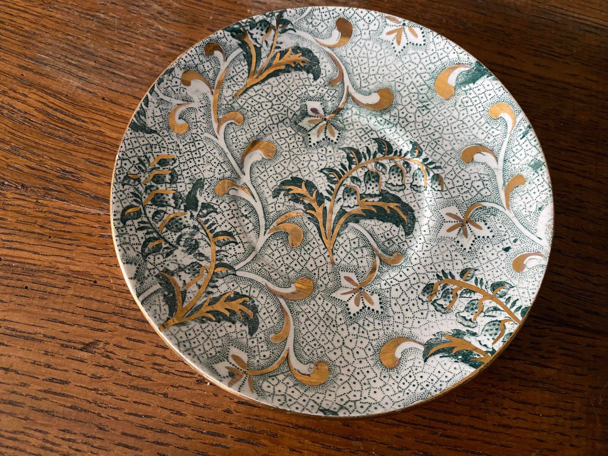 Creil et Montereau cup and saucer green and gold floral pattern