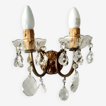 Golden brass wall light and crystal pendants - 2-light rococo light