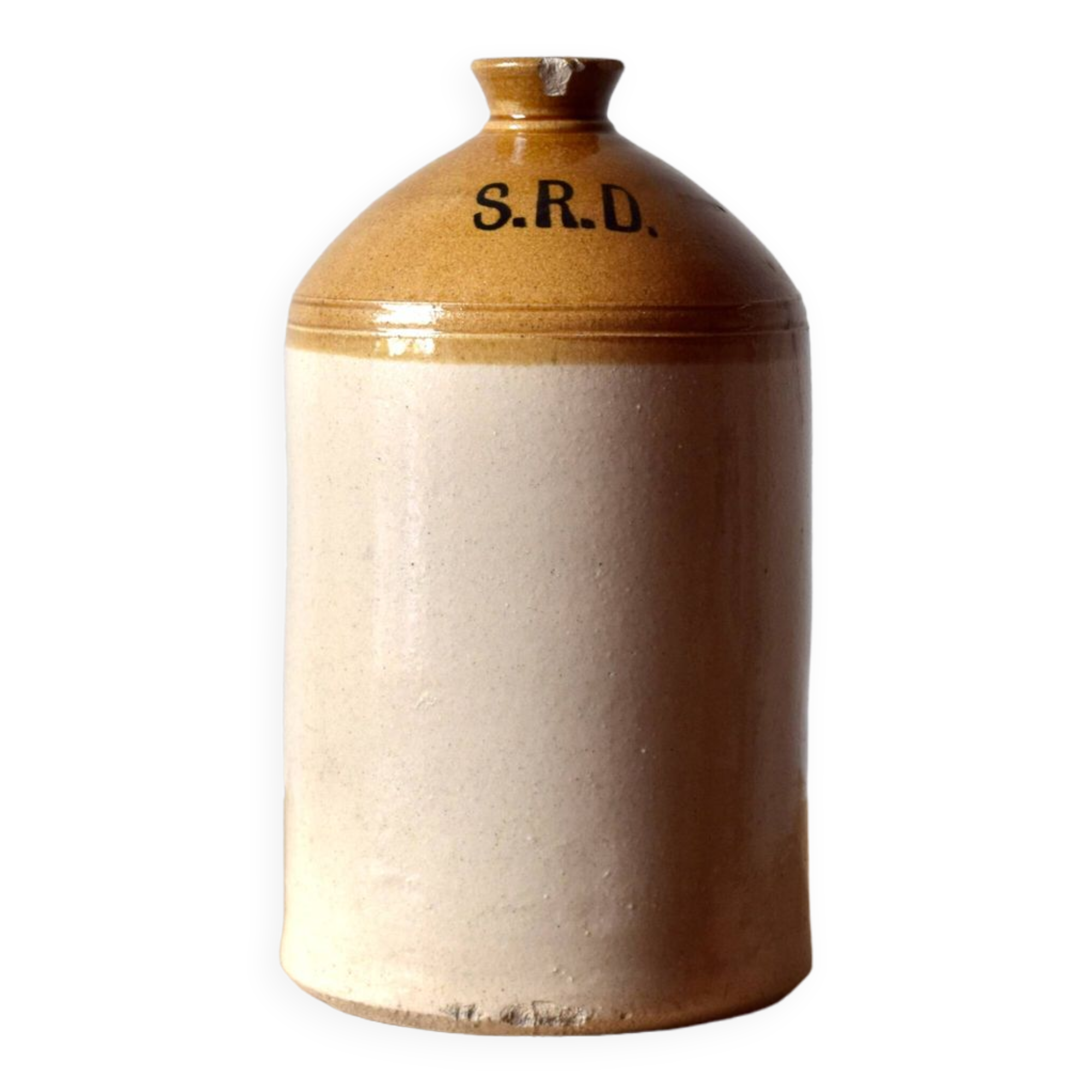 Antique British glazed stoneware rum jar SRD - Normandy - 1940s.