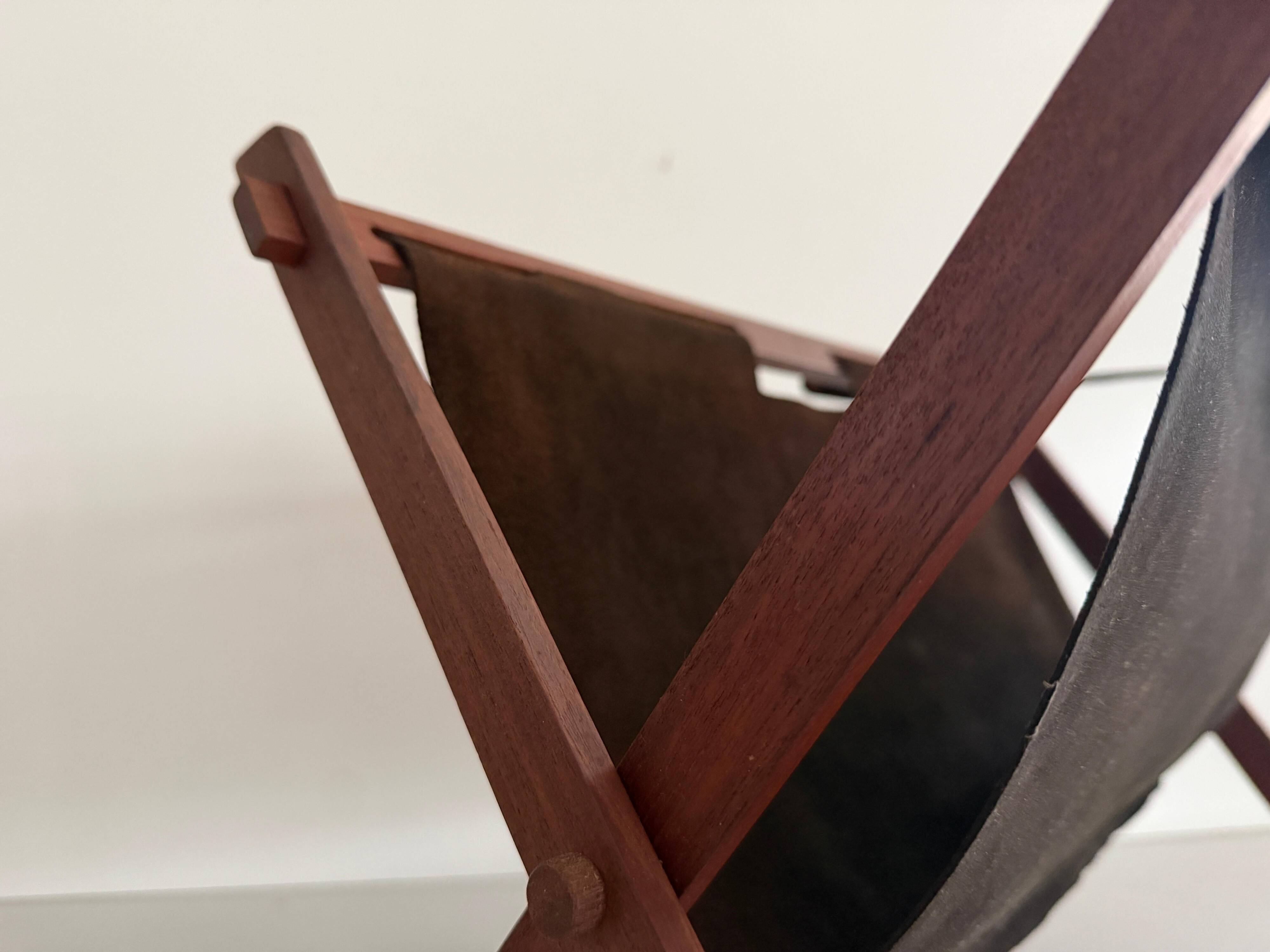 Support stand for mid-century teak and suede magazines and newspapers, 1960, Germany.