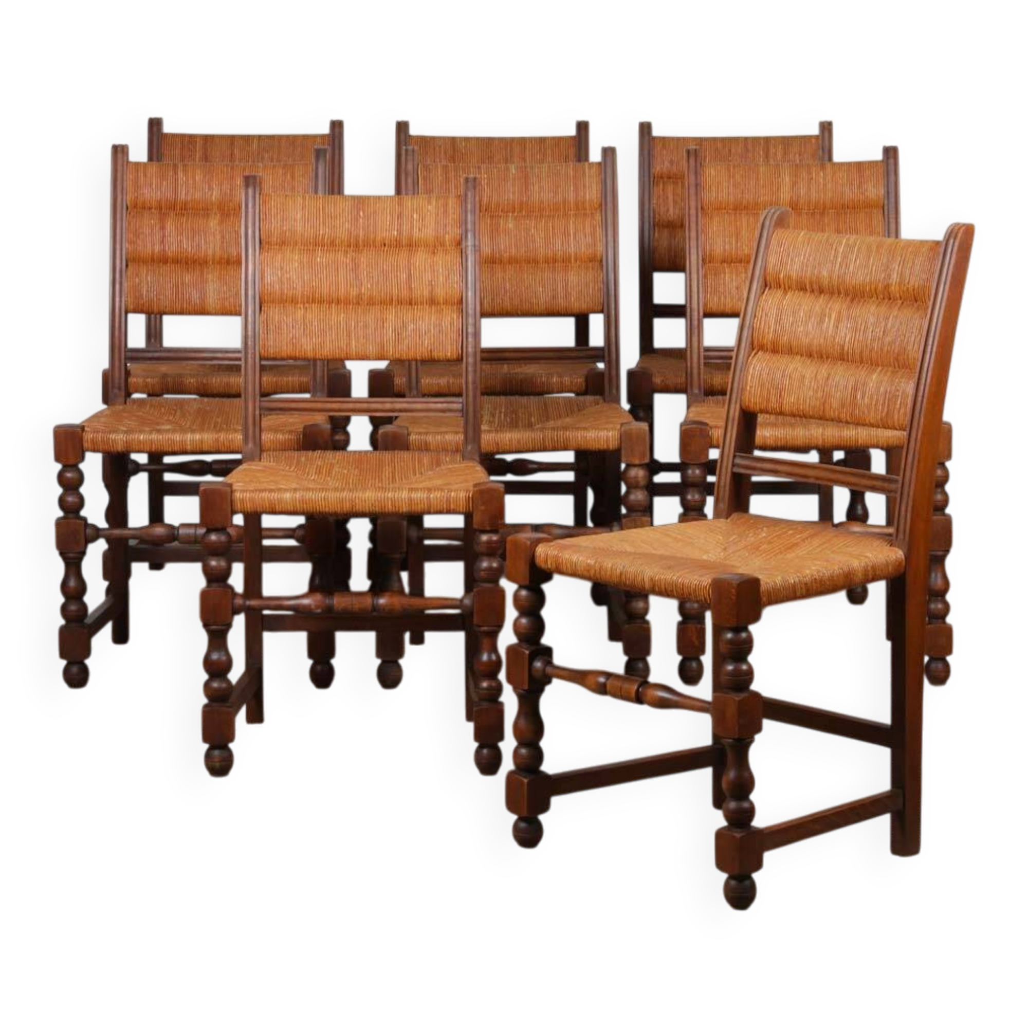 Ensemble de 8 chaises paillées en bois massif, 1940