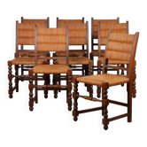 Ensemble de 8 chaises paillées en bois massif, 1940